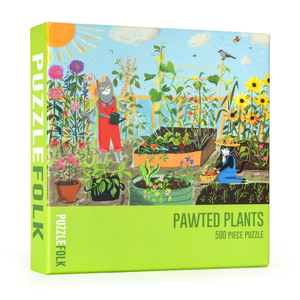 Pawted Plants puzzle box with illustration of a garden being maintained by cats wearing overalls, by the brand 'PuzzleFolk'.