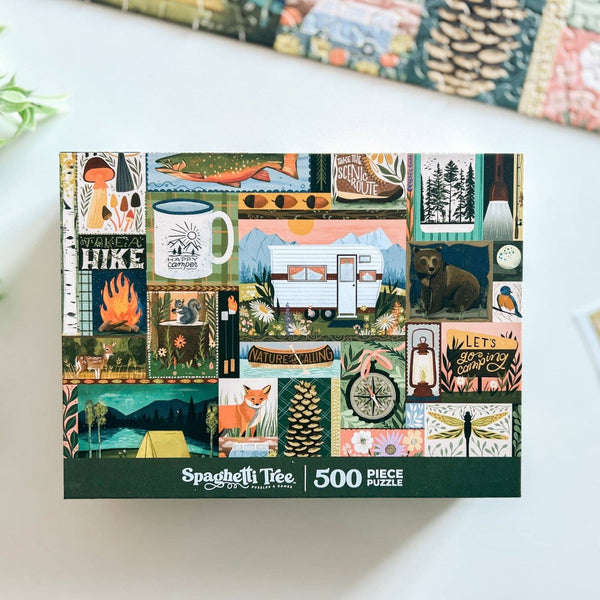 Puzzle box with camping and nature-themed illustrations and 'Spaghetti Tree' branding on a light background