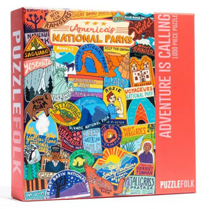 Puzzle box featuring a collage of illustrations of colorful national park stickers.