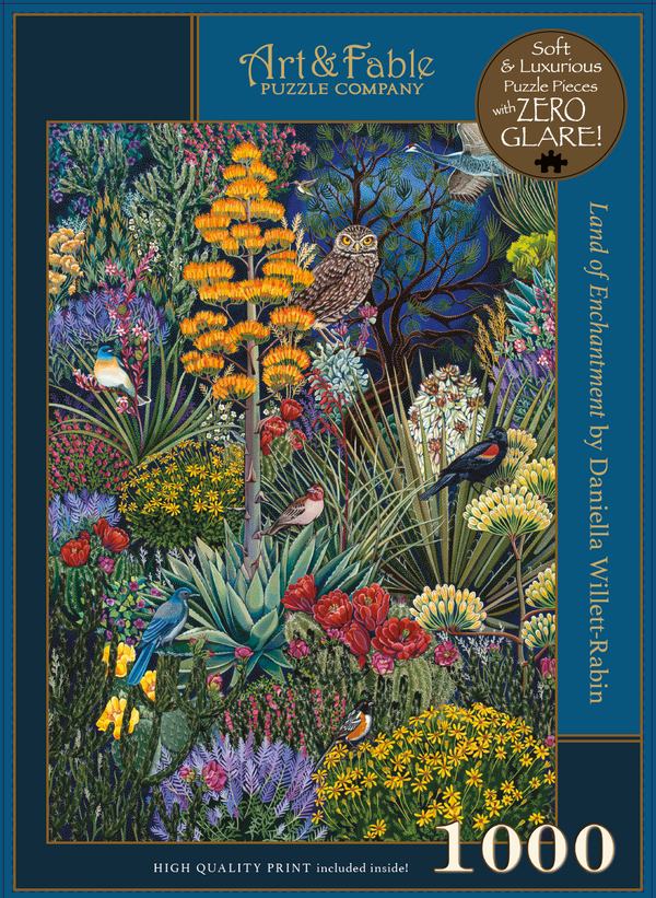 Jigsaw puzzle box with a colorful illustration of a garden scene featuring plants and animals, branded 'Art & Fable'.