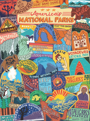 Colorful illustration of a collage of national park themed stickers. 