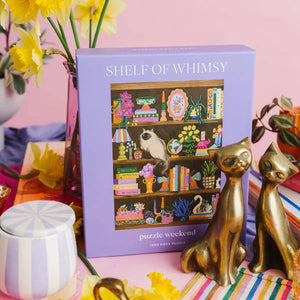 Shelf of Whimsy puzzle box with decorative elements on a pink background