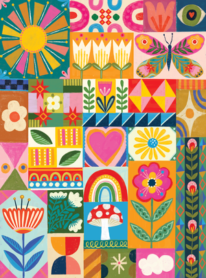 Colorful patchwork puzzle design with various patterns, floral motifs and shapes on a white background