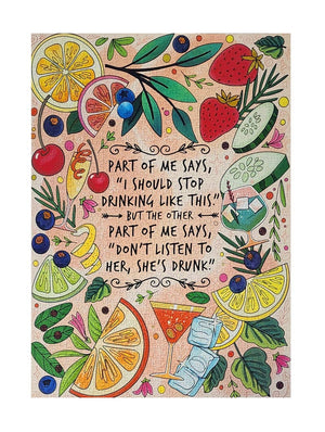 Colorful illustration with fruits, drinks, and a humorous quote on a textured background.