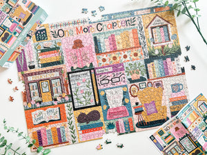 Colorful puzzle with book-themed design on a white surface