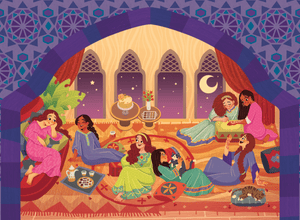 Illustration of women in colorful dresses sitting together in a room with decorative arches and patterns.