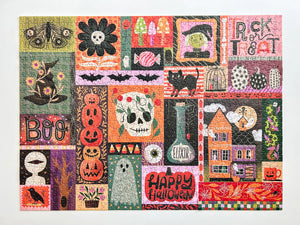 A jigsaw puzzle featuring a colorful, patchwork-style Halloween collage with various illustrated motifs including jack-o'-lanterns, a witch's hat, a skull, a haunted house, a potion bottle labeled 'Elixir', bats, pumpkins, and the words 'Trick or Treat' and 'Happy Halloween'.