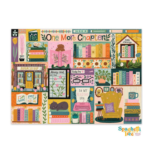 Colorful book-themed puzzle with various book-related illustrations and 'One More Chapter' text.