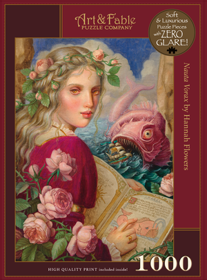 Puzzle box with artwork of a woman with flowers and a creature, titled 'Ninau Voraus' by Hannah Flowers.