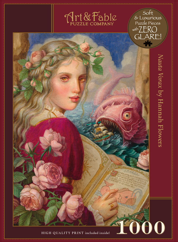 Puzzle box with artwork of a woman with flowers and a creature, titled 'Ninau Voraus' by Hannah Flowers.