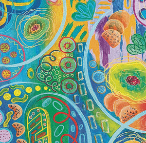 Colorful abstract artwork with various shapes and patterns
