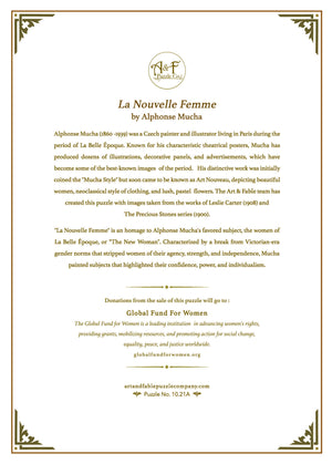 Informational card about 'La Nouvelle Femme' by Alphonse Mucha with text and decorative elements.