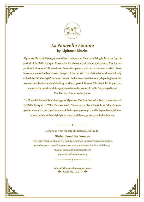 Informational card about 'La Nouvelle Femme' by Alphonse Mucha with text and decorative elements.