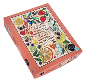 Decorative puzzle box with fruit illustrations and text on a white background. Quote says "Part of me says, "I should stop drinking like this!" But the other part of me says, "Don't listen to her, she's drunk."