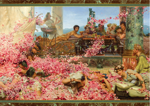 Classical painting of a garden scene with people and flowers