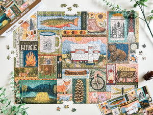 Jigsaw puzzle with nature-themed design on a white surface with greenery.