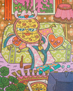 Colorful illustration of a anthropomorphic pizza character in a living room with furniture and decor.
