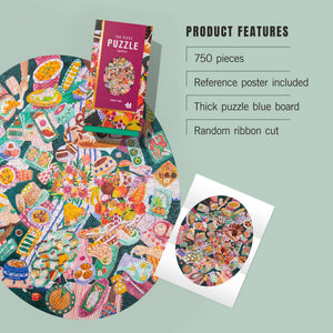 Jigsaw puzzle with packaging, reference poster, and product features listed on a light green background.