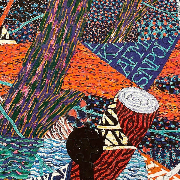 Close-up of Hearth Puzzle with colorful patterned artwork.