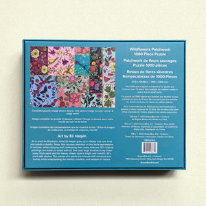 Back of puzzle box showing product details and small image of wildflower puzzle collage.