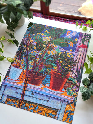 Colorful illustration of potted plants on a table with a window in the background, surrounded by real plants.
