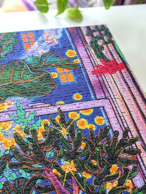 Colorful puzzle with a nature-themed design on a white surface