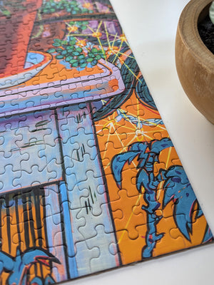 Colorful puzzle with a table and plant design on a white surface