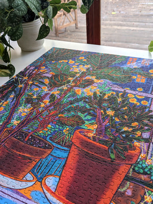 Colorful puzzle with potted plants on a table