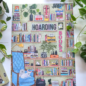 Puzzle with colorful illustration of a bookshelf with books and a chair, titled 'It's not Hoarding if it's Books'.