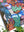 Colorful artwork of a woman with colorful patterned cats on a white surface with plants visible.