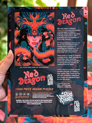 Back view of the Red Dragon jigsaw puzzle box being held by a hand in front of out of focus view of plants and a desk with the completed puzzle.