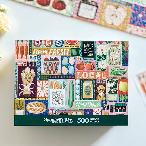 Spaghetti Tree puzzle box with colorful farmers market themed design on a white surface
