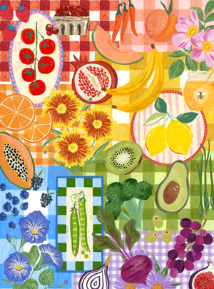 A colorful illustrated collage of fruits, flowers, and vegetables arranged over a patchwork of gingham fabrics. Visible elements include bananas, oranges, melon, kiwi, avocado, grapes, blueberries, peas, and flowers in red, yellow, blue, purple, green, and pink tones.