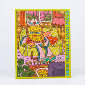 Colorful puzzle box with a cartoon anthropomorphic pizza character on a white background