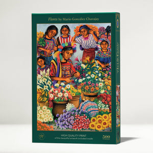 Jigsaw puzzle box featuring colorful artwork of women and flowers, with 'Flores' by Mario González Chavajay on a white background.