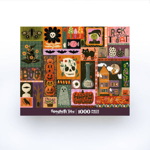 A 1000-piece jigsaw puzzle box by Spaghetti Tree featuring a colorful collage of Halloween-themed illustrations, including pumpkins, ghosts, a haunted house, a cat, and autumn foliage, shown on a light gray background.