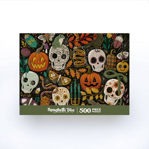 Halloween-themed Spaghetti Tree puzzle box with skulls, pumpkins, and other decorations on a white background.