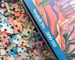 Spaghetti Tree 500 piece puzzle with scattered pieces and box