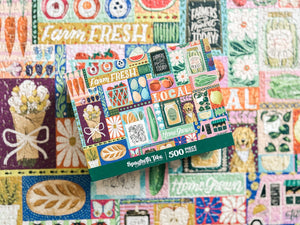 Spaghetti Tree 500 piece puzzle with colorful farm-themed design on a multicolored background.