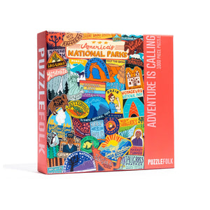 Puzzle box featuring illustrations of national parks stickers with 'Adventure is Calling' text.