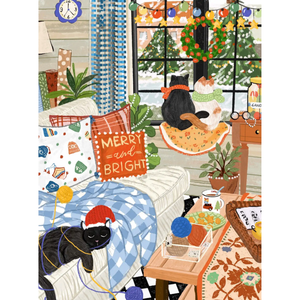 Illustration of three cats sitting in a room that has been decorated for the holidays. 