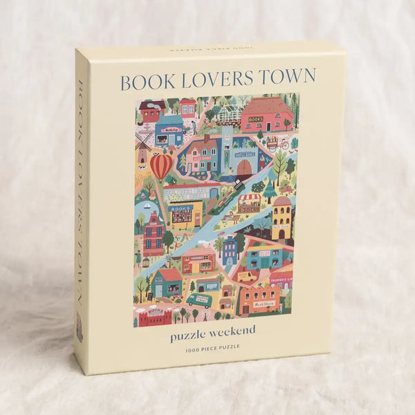 Puzzle box titled 'Book Lovers Town' with a colorful illustration of a town on the cover.