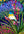 Close up detail of a blue and yellow bird among vibrant green, pink and purple flowers. 