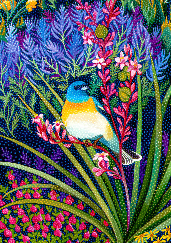 Close up detail of a blue and yellow bird among vibrant green, pink and purple flowers. 
