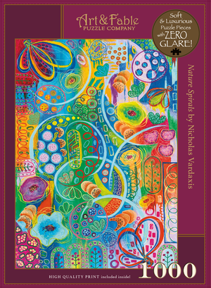 Colorful puzzle box with an abstract design and 'Art & Fable Puzzle Company' branding.