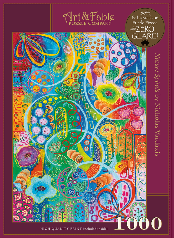 Colorful puzzle box with an abstract design and 'Art & Fable Puzzle Company' branding.