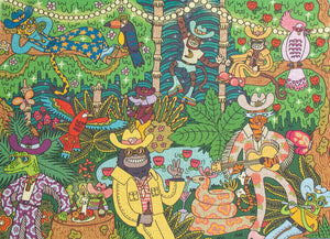 Close up photo of a completed jigsaw puzzle with an illustration of a busy jungle scene with animals dressed up in funky human outfits playing guitars and holding a party. 