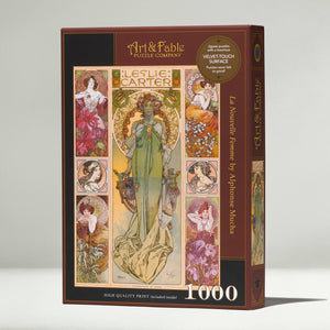 Jigsaw puzzle box with beautiful Art Nouveau style women artwork and 'Art & Fable' branding on a white background
