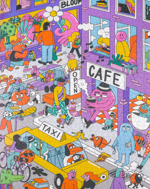 Photo of a completed jigsaw puzzle with an illustration of a busy urban scene with many people and figures, including animal people going about their lives. 