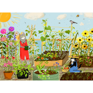 Artwork of a beautiful lush garden being maintained by cats wearing overalls. 